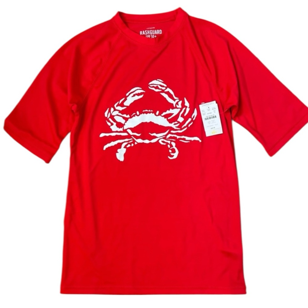 Crewcuts Rash Guard Swim Shirt Boys XL Red White Crab Graphic Short Sleeve NWT